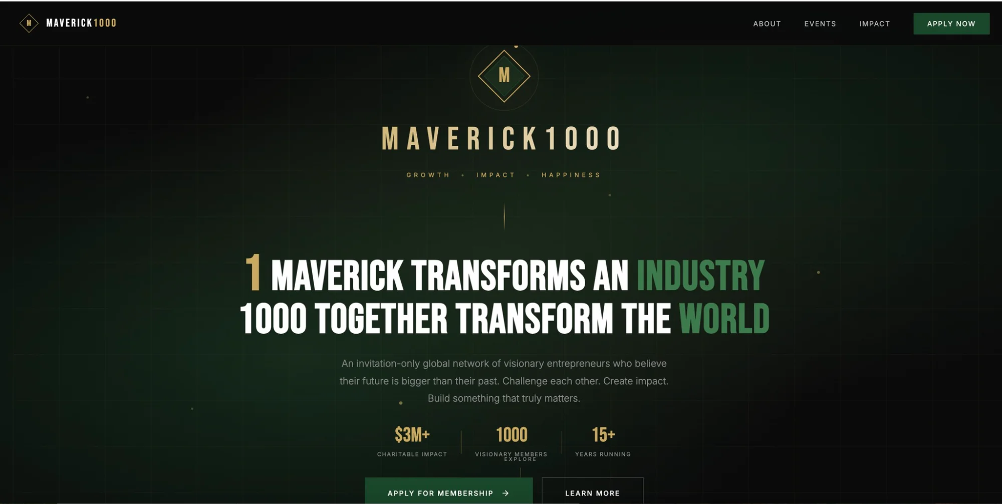 Maverick1000 website screenshot displaying entrepreneur network membership page with dark theme and gold accents