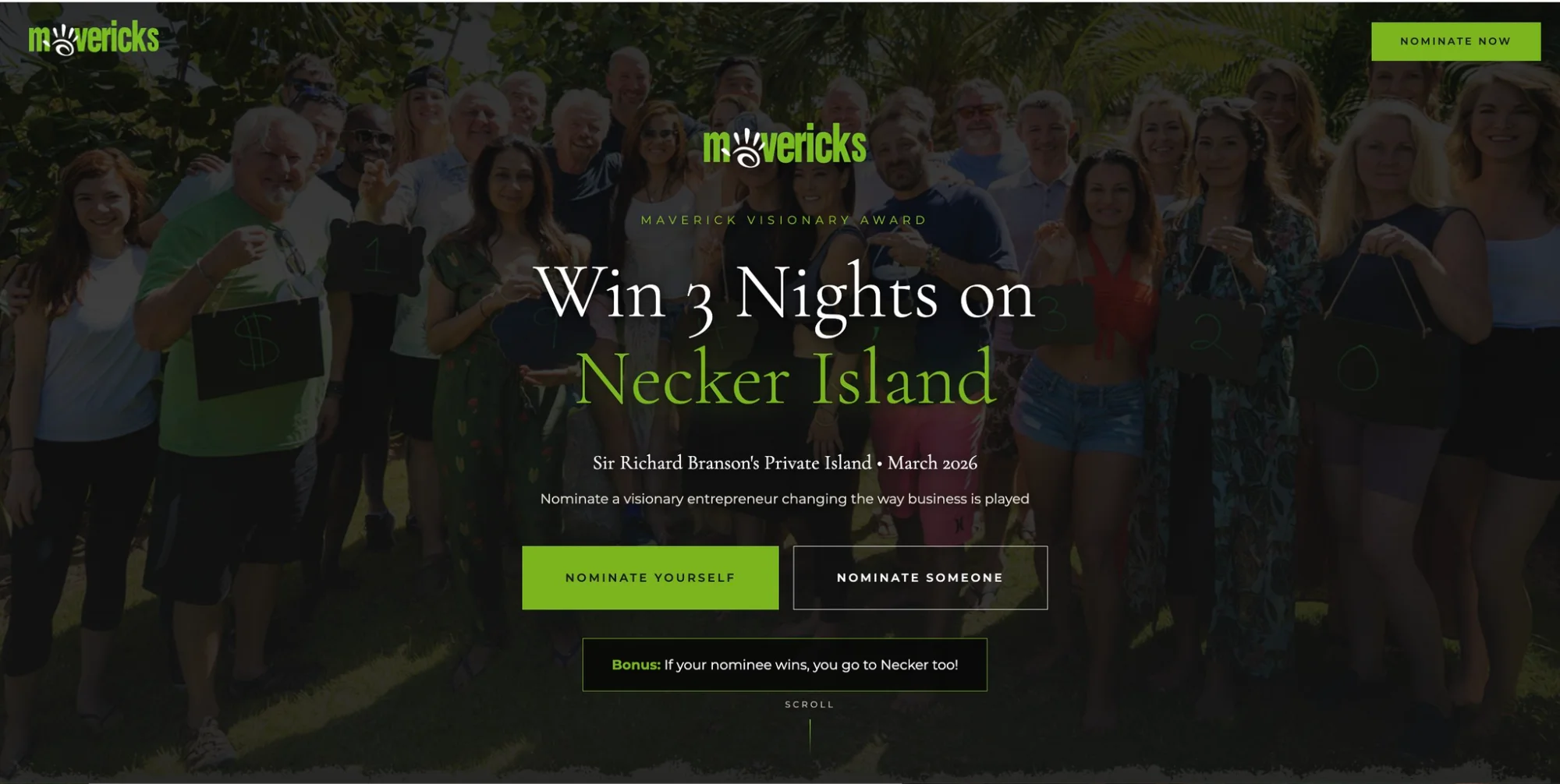 Mavericks Visionary Award website screenshot featuring Necker Island prize promotion with group photo background