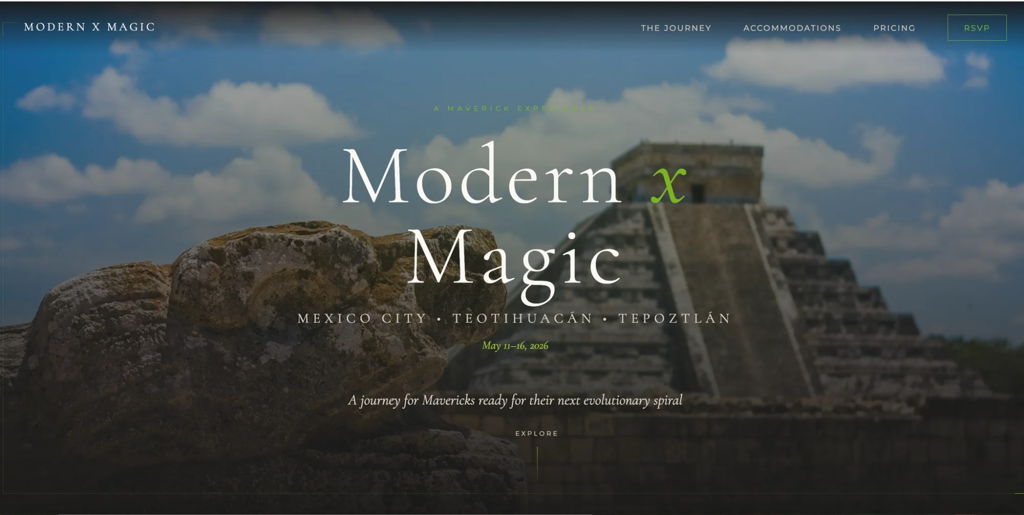 Modern x Magic website screenshot showing luxury Mexico retreat landing page with Mayan pyramid imagery