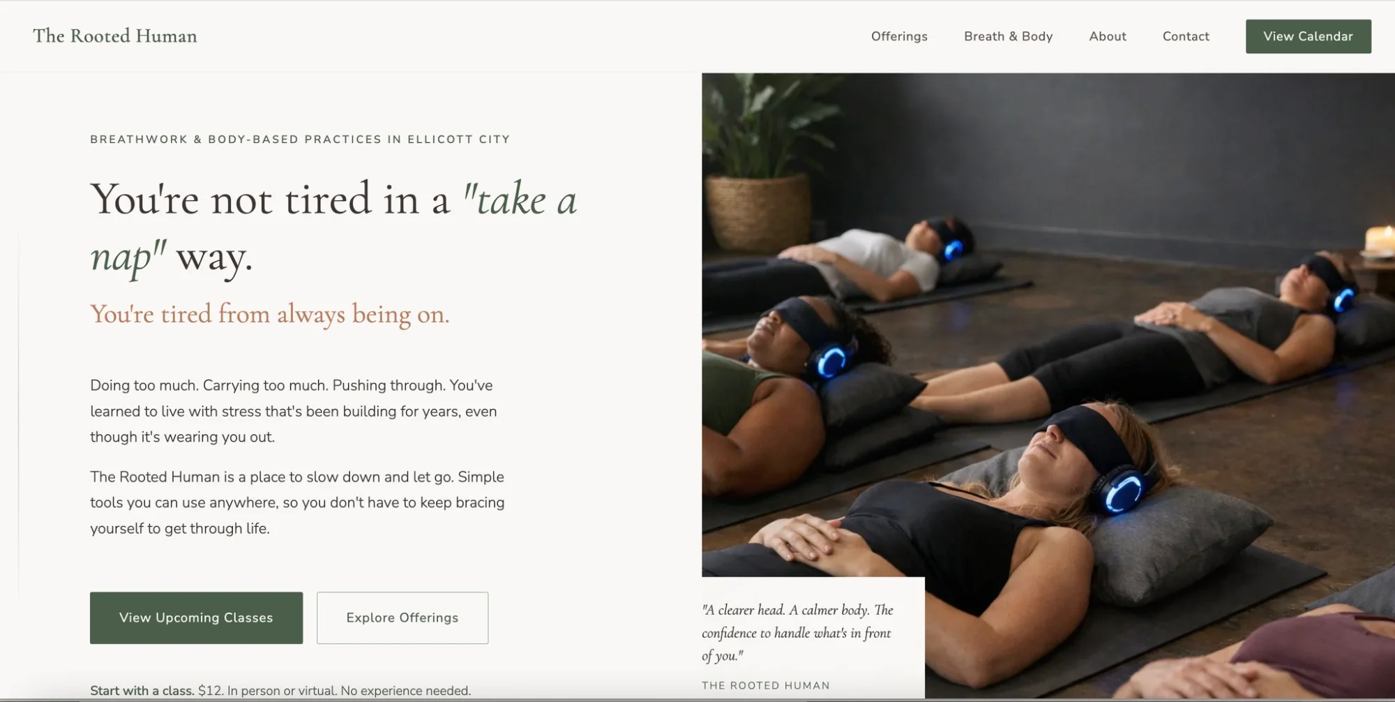 The Rooted Human website screenshot showing breathwork and body-based practices landing page with calming imagery